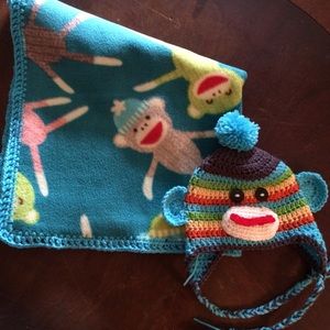 Sock Monkey crochet hat and anti pill fleece throw